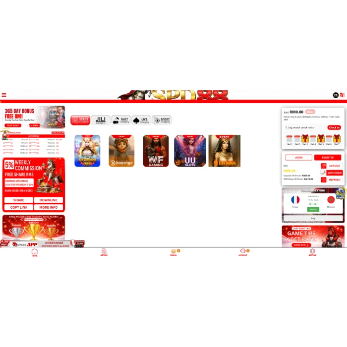 SPD88 (SPEED88) online casino dashboard showing game categories, bonuses and the account panel SPD88 (SPEED88) online casino dashboard showing game categories, bonuses and the account panel